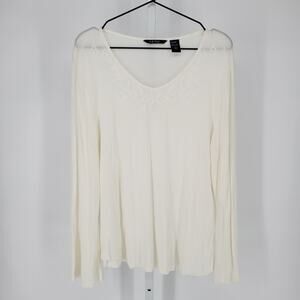 Life Style Womens Sz L Long Sleeve V Neck T Shirt White Floral Blouse